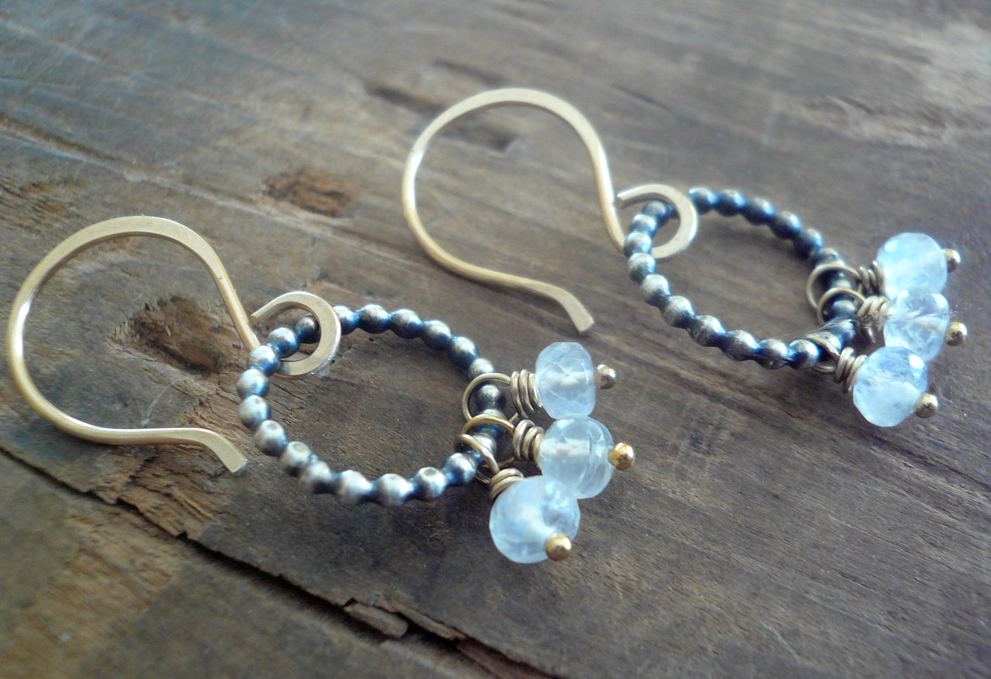 Miscible Trio Collection Earrings - Handmade. Moonstone. Oxidized Sterling silver. 14kt Goldfill. Mixed Metal Earrings