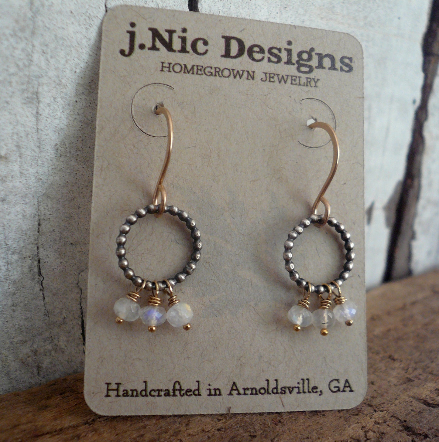 Miscible Trio Collection Earrings - Handmade. Moonstone. Oxidized Sterling silver. 14kt Goldfill. Mixed Metal Earrings