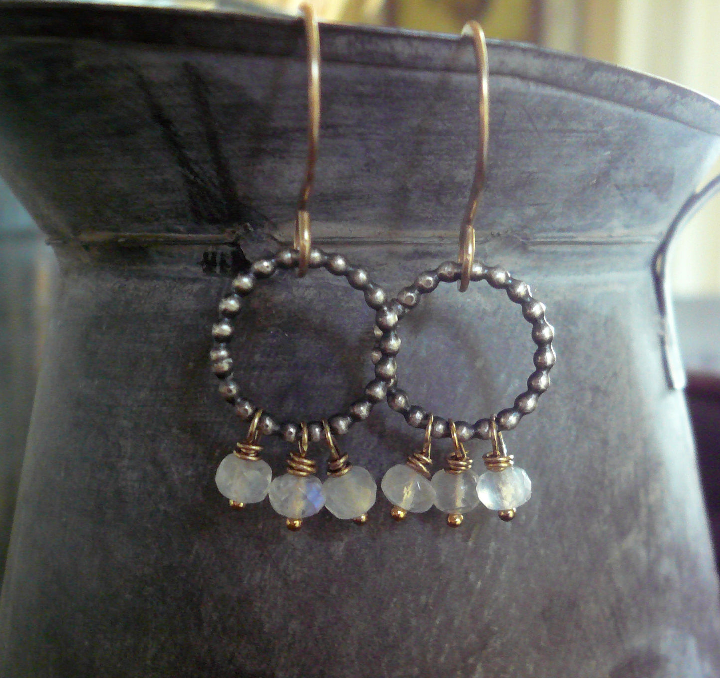 Miscible Trio Collection Earrings - Handmade. Moonstone. Oxidized Sterling silver. 14kt Goldfill. Mixed Metal Earrings