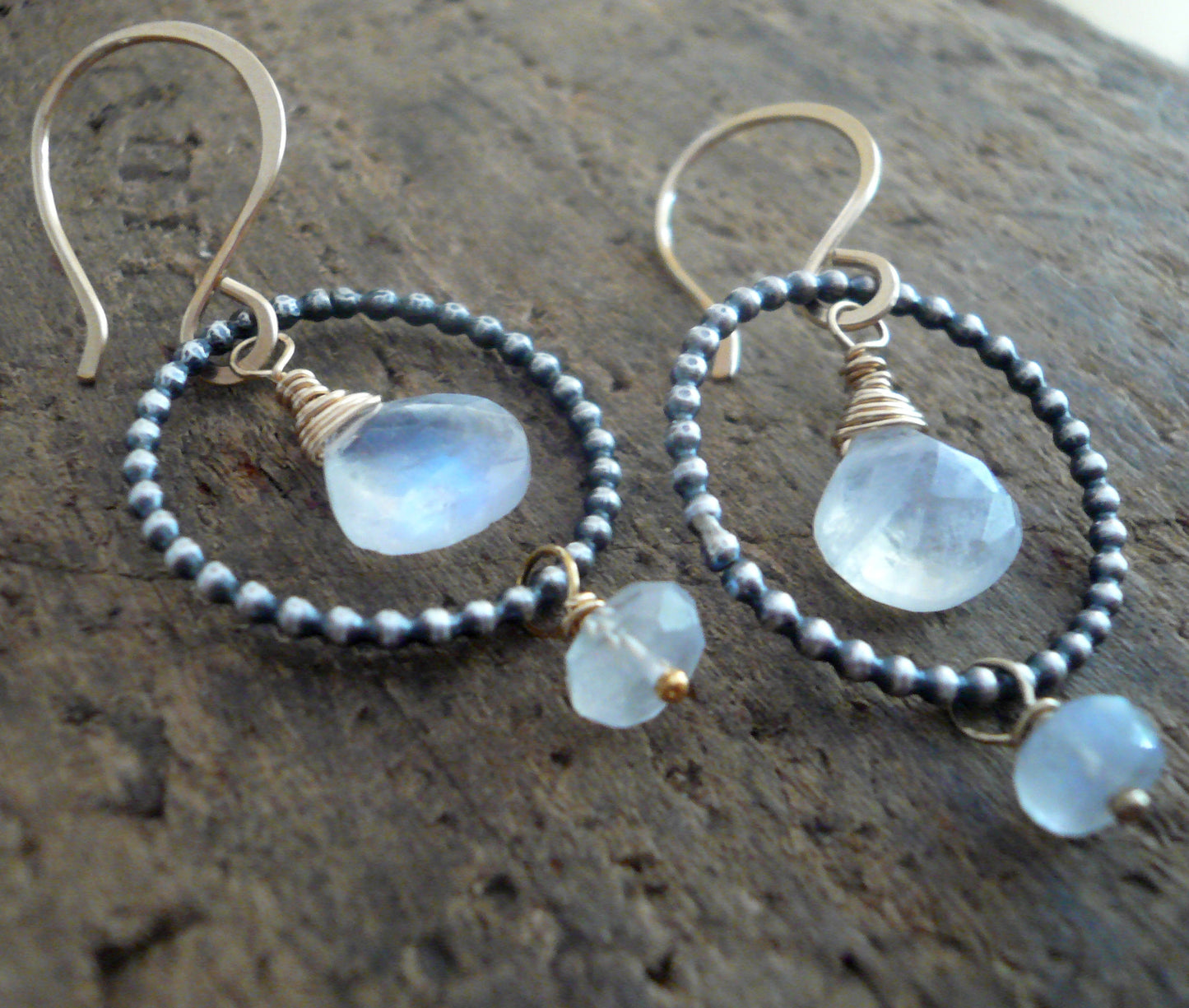 Miscible Collection Earrings - Handmade. Moonstone. Oxidized Sterling silver. 14kt Goldfill. Mixed Metal Earrings