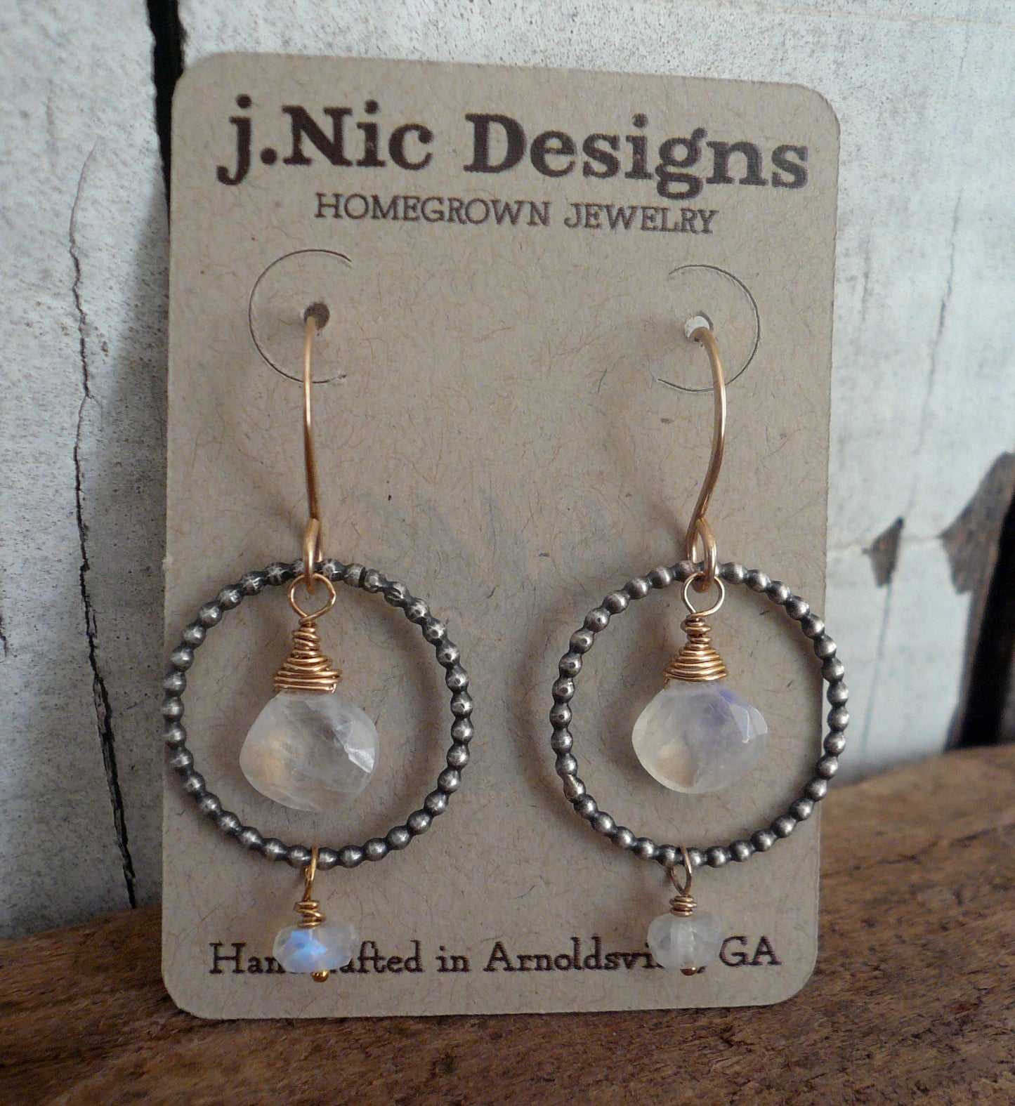 Miscible Collection Earrings - Handmade. Moonstone. Oxidized Sterling silver. 14kt Goldfill. Mixed Metal Earrings