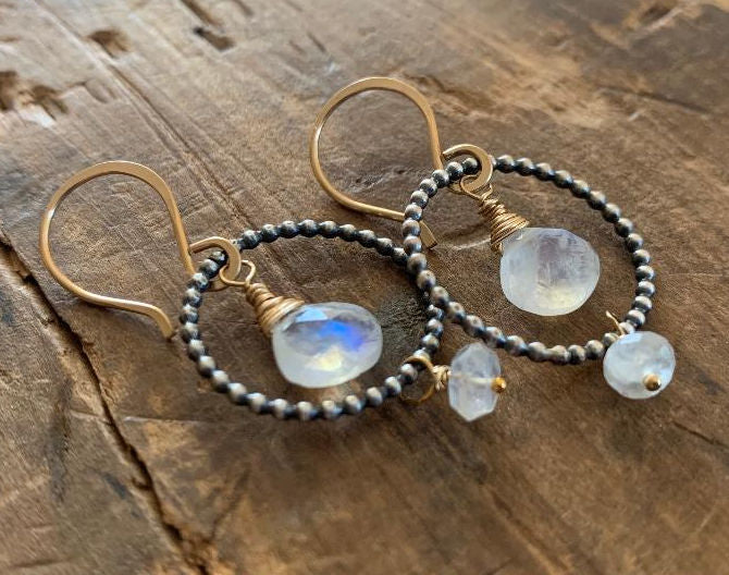 Miscible Collection Earrings - Handmade. Moonstone. Oxidized Sterling silver. 14kt Goldfill. Mixed Metal Earrings