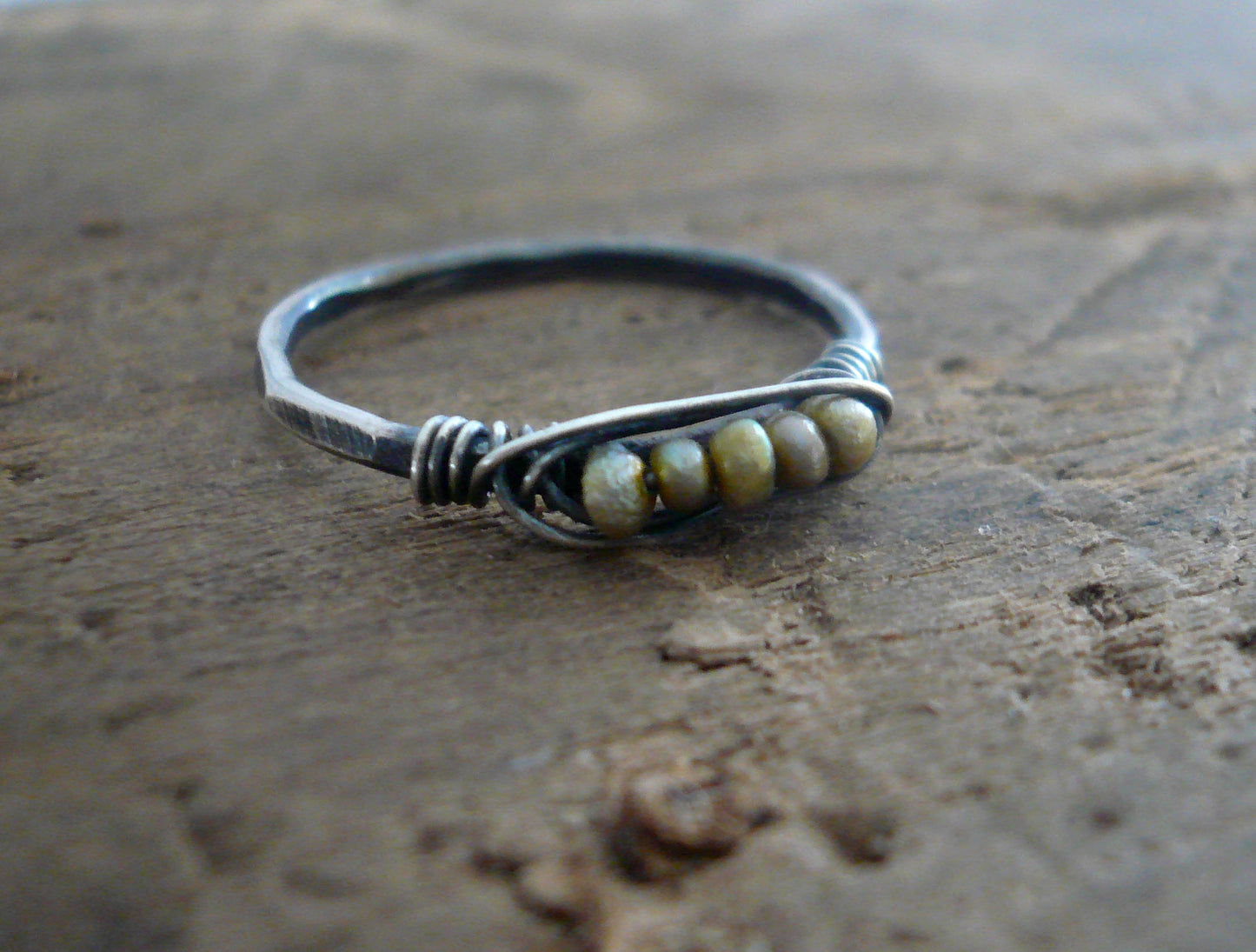 Nestle Ring in Wedgewood - Sterling Silver Stacking Ring. Wire Wrapped Antique European Seed Beads.Hand forged. Handmade by jNicDesigns