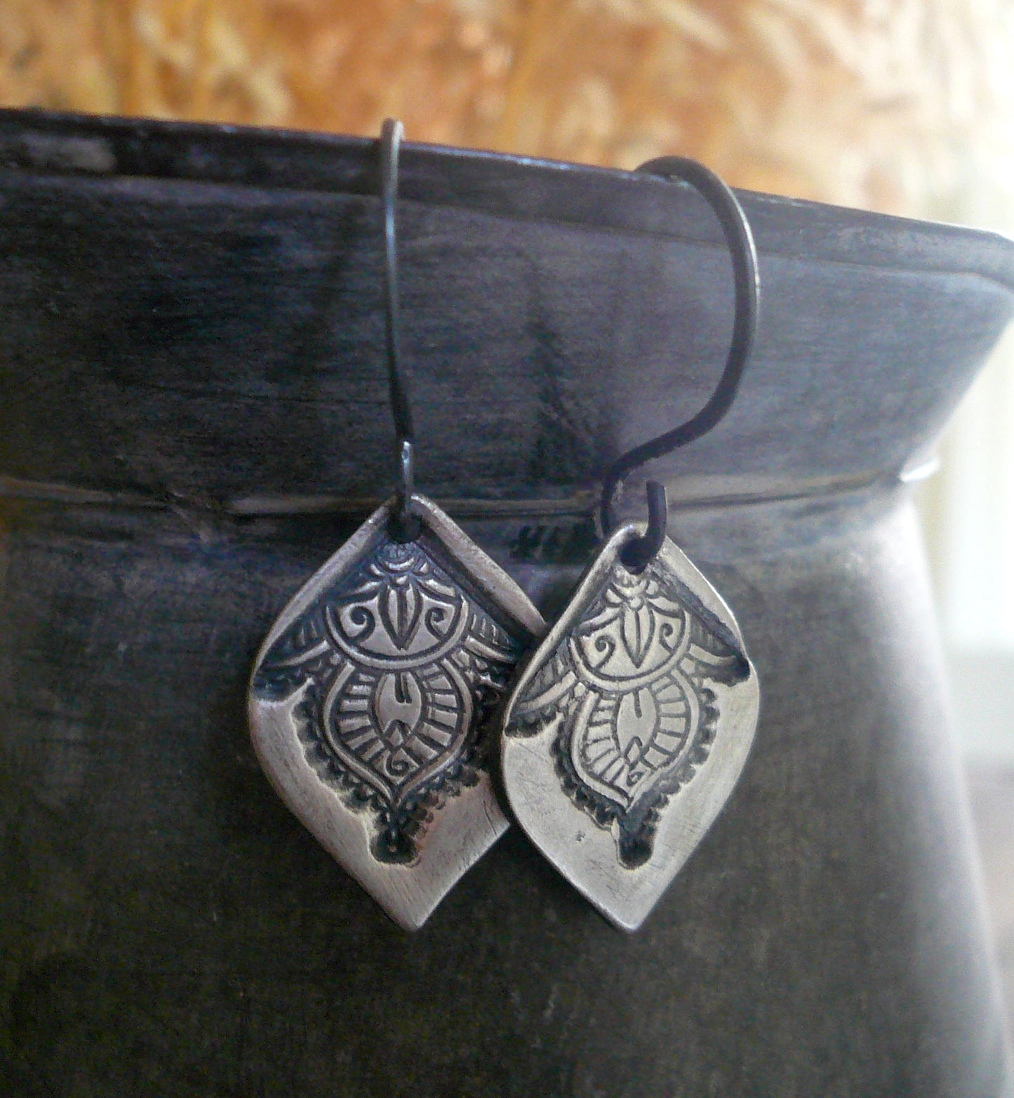 Noceur Large Dangle Earrings - Handmade. Oxidized fine and sterling silver dangle earrings
