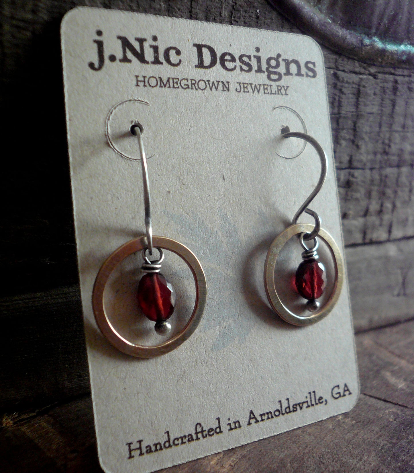 Rouge Collection Dangle Earrings - Handmade. Garnet. Mixed Metals. Oxidized Sterling silver & 14 kt Goldfill birthstone Earri