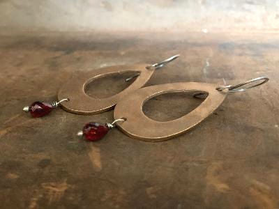 Sangria Earrings - Handmade. Mixed Metal. Garnet. Oxidized Silver & Bronze dangle earrings. January Birthstone