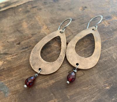 Sangria Earrings - Handmade. Mixed Metal. Garnet. Oxidized Silver & Bronze dangle earrings. January Birthstone