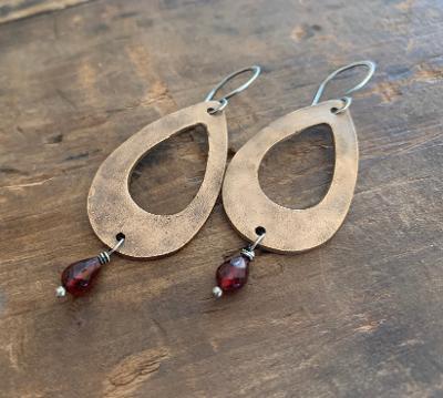 Sangria Earrings - Handmade. Mixed Metal. Garnet. Oxidized Silver & Bronze dangle earrings. January Birthstone