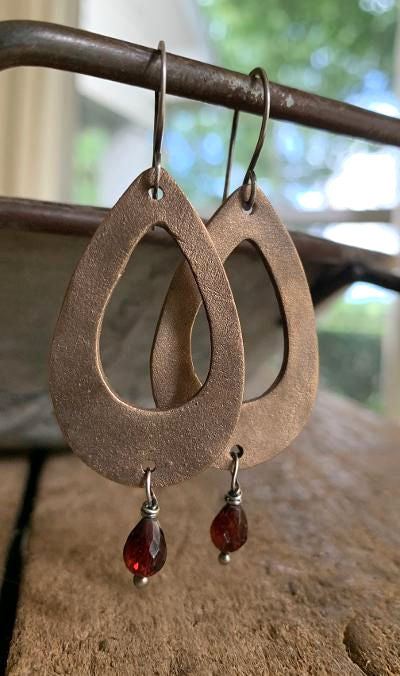 Sangria Earrings - Handmade. Mixed Metal. Garnet. Oxidized Silver & Bronze dangle earrings. January Birthstone
