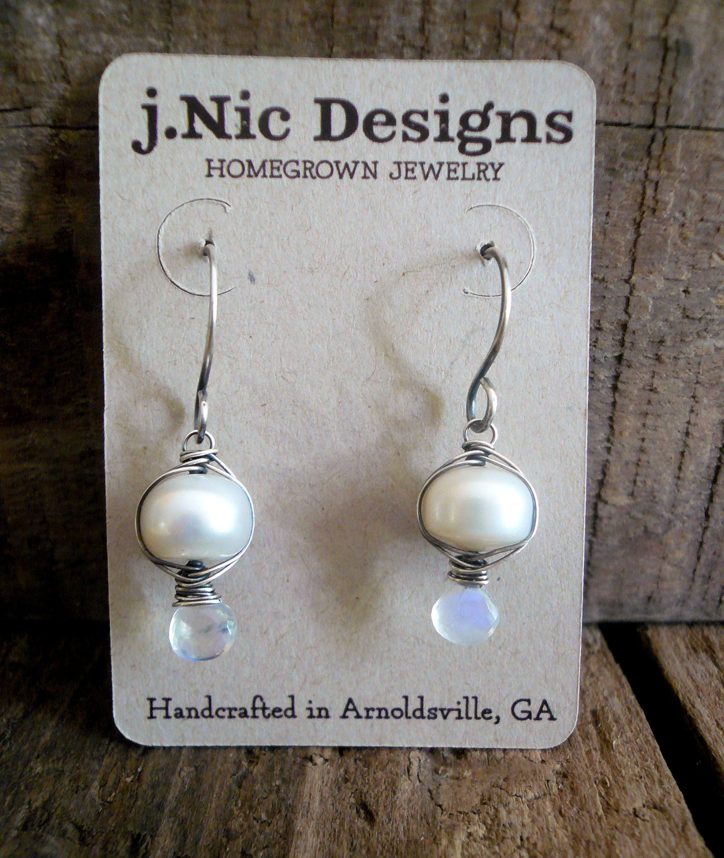 Scintilla - Oxidized sterling silver dangle Earrings. Wire Wrapped freshwater pearls and Moonstone. Handmade