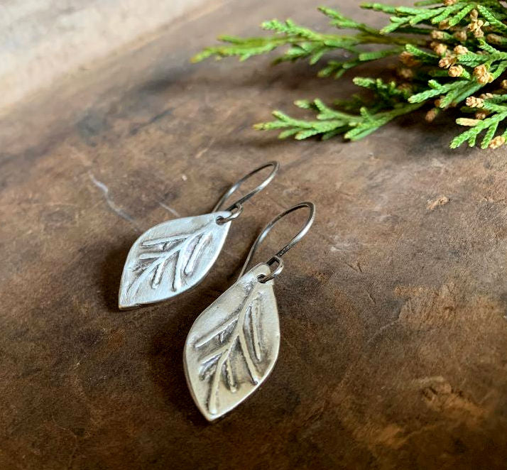 Sprig Earrings - Handmade. Oxidized fine and sterling silver dangle earrings