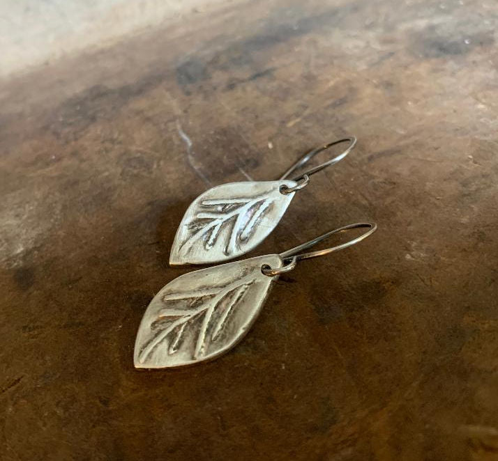 Sprig Earrings - Handmade. Oxidized fine and sterling silver dangle earrings