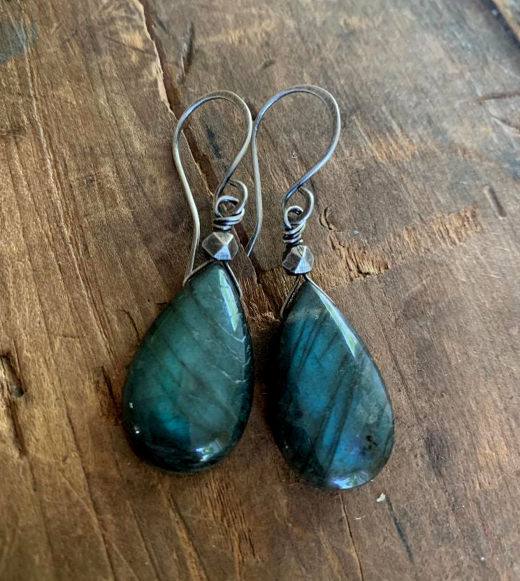 NEW Tempesta Earrings - ONE of a KIND Labradorite, Oxidized sterling & fine silver