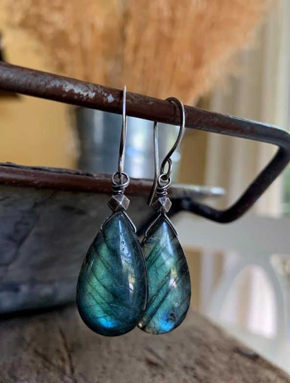 NEW Tempesta Earrings - ONE of a KIND Labradorite, Oxidized sterling & fine silver