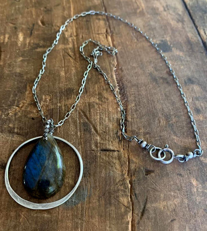 Tempesta Necklace - ONE OF A KIND, Labradorite, Oxidized Sterling Silver Elongated Cable Chain